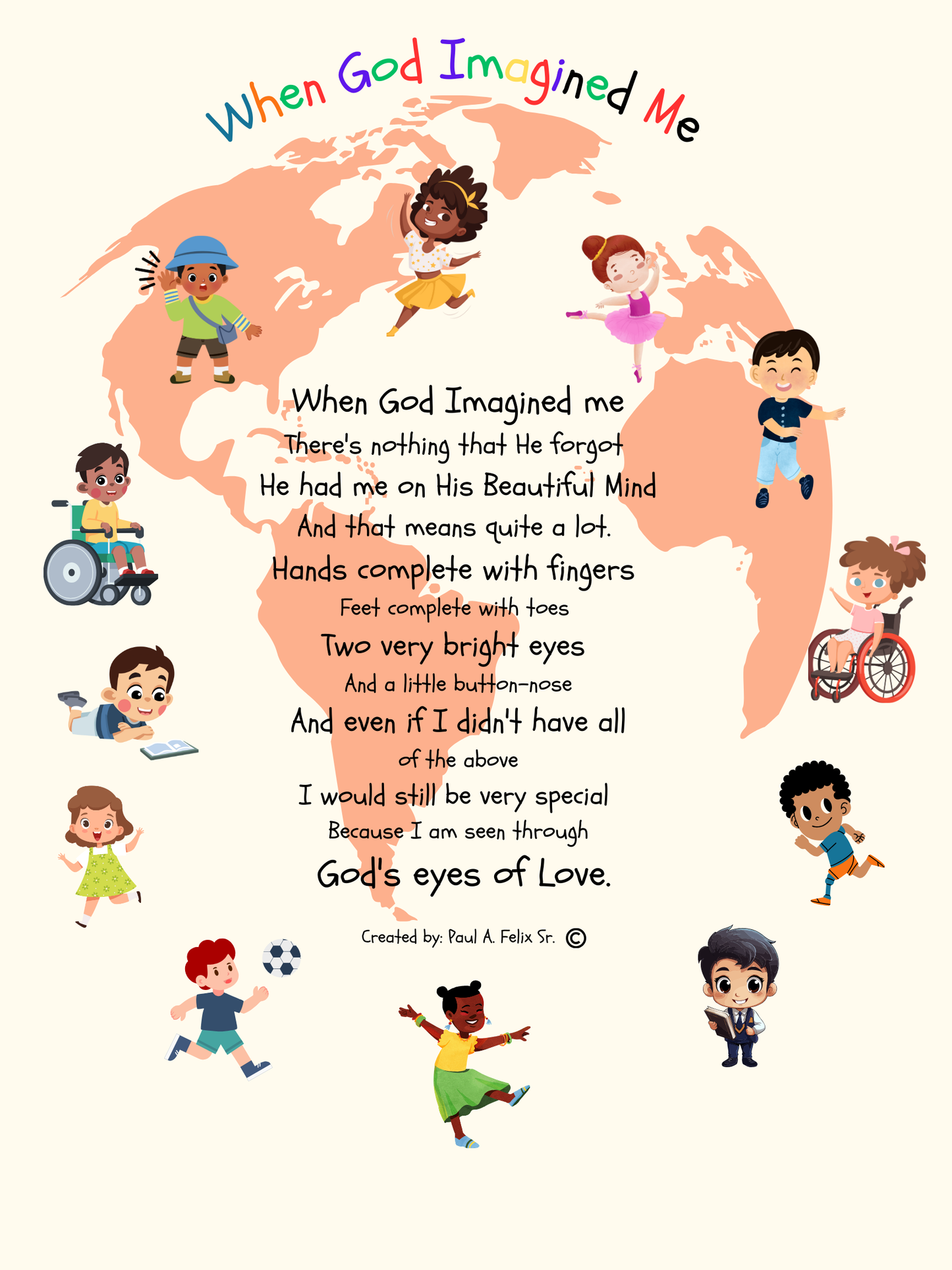 World map with cartoon children around it and a poem titled 'When God Imagined Me' on a white background.